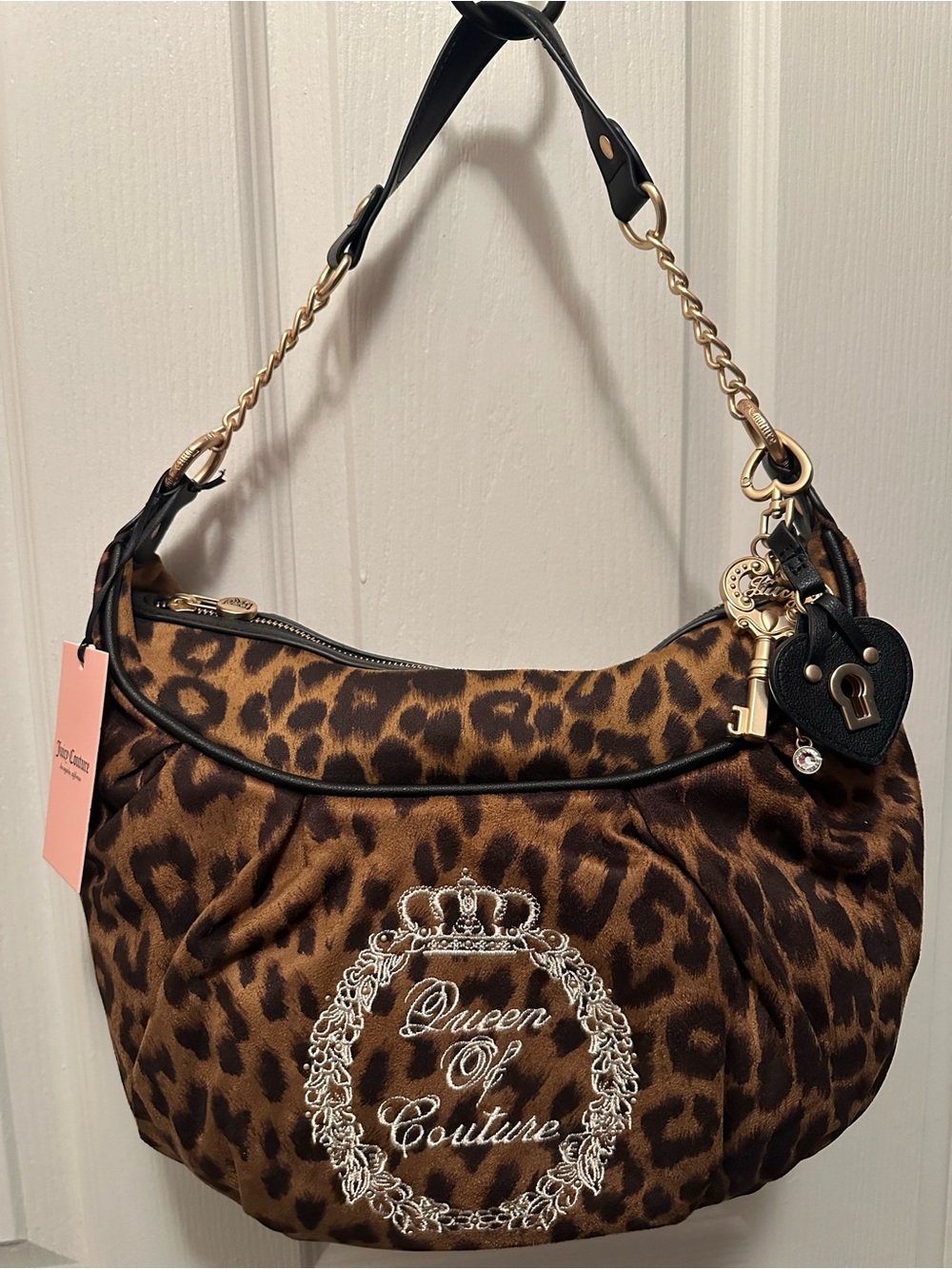 Juicy Couture Leopard Print Shoulder Bag with Gold Chain & Crest